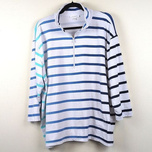T By Talbots 3/4 Sleeve 1/2 Zip Pullover Plus Size Top In Tropic Stripe Size 3X - Picture 9 of 10